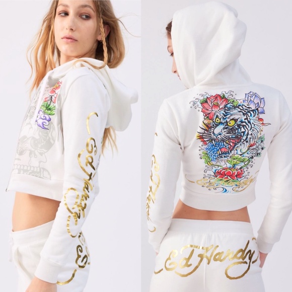 Ed Hardy | Tops | Ed Hardy Tattoo Tiger Snake White Shrunken Cropped Zip Up  Hoodie | Poshmark